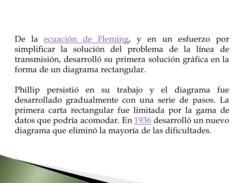 De la ecuación de Fleming, y en un esfuerzo por simplificar la solución del problema de la línea de transmisión, desarrolló su primera solución gráfica en la forma de un diagrama rectangular.