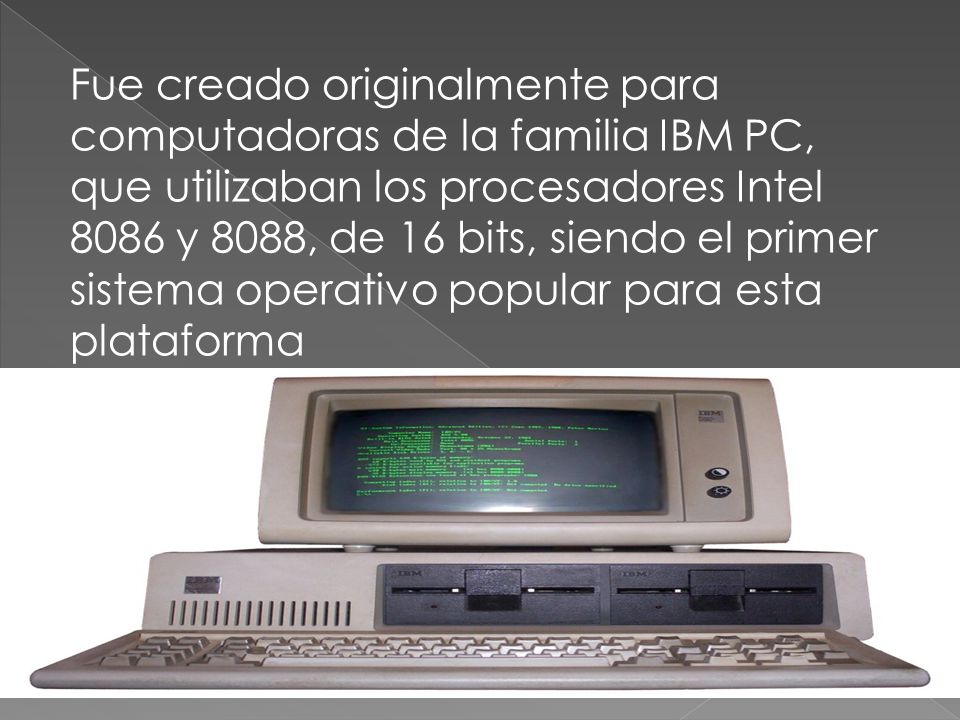 Fue creado originalmente para computadoras de la familia IBM PC, que utilizaban los procesadores Intel 8086 y 8088, de 16 bits, siendo el primer sistema operativo popular para esta plataforma