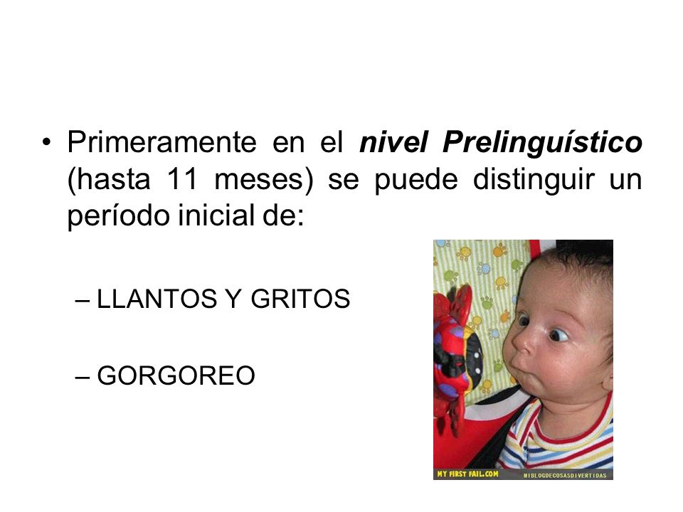 Primeramente en el nivel Prelinguístico (hasta 11 meses) se puede distinguir un período inicial de: