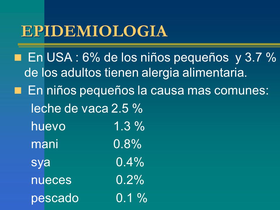 EPIDEMIOLOGIA En USA : 6% de los niños pequeños y 3.7 % de los adultos tienen alergia alimentaria.