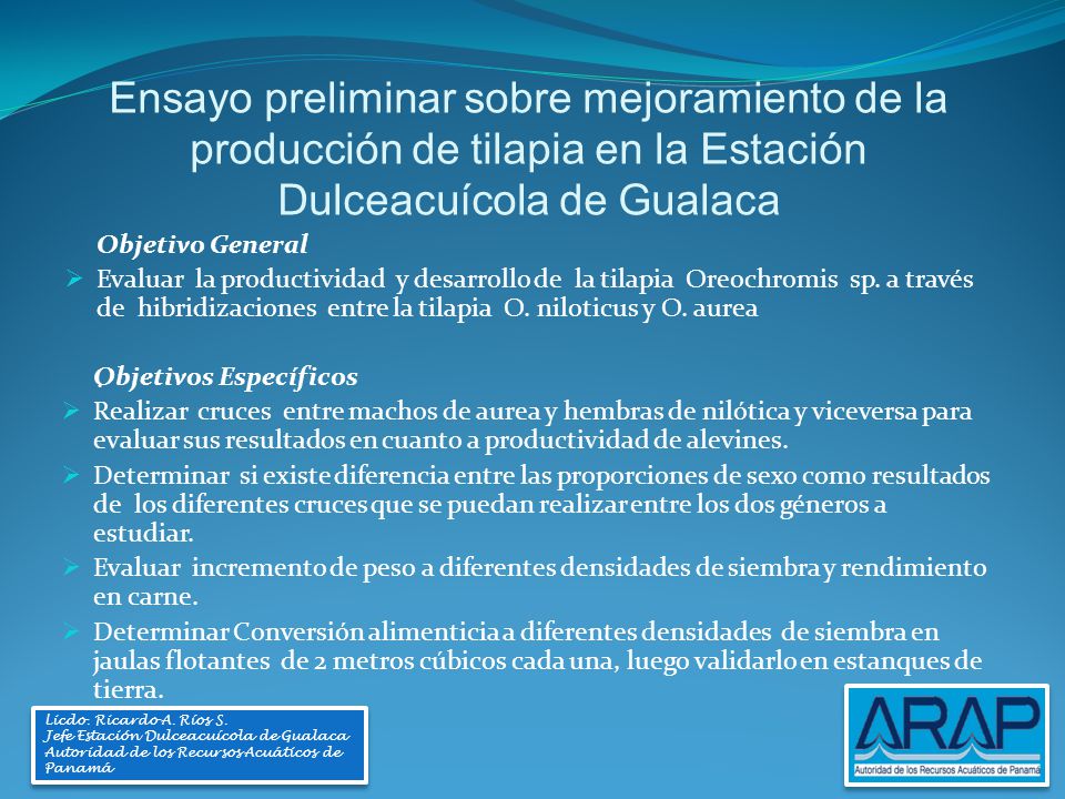 Ensayo preliminar sobre mejoramiento de la producción de tilapia en la Estación Dulceacuícola de Gualaca