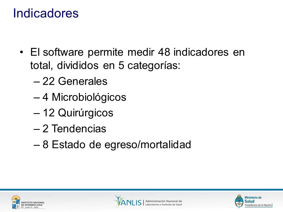 Indicadores El software permite medir 48 indicadores en total, divididos en 5 categorías: 22 Generales.