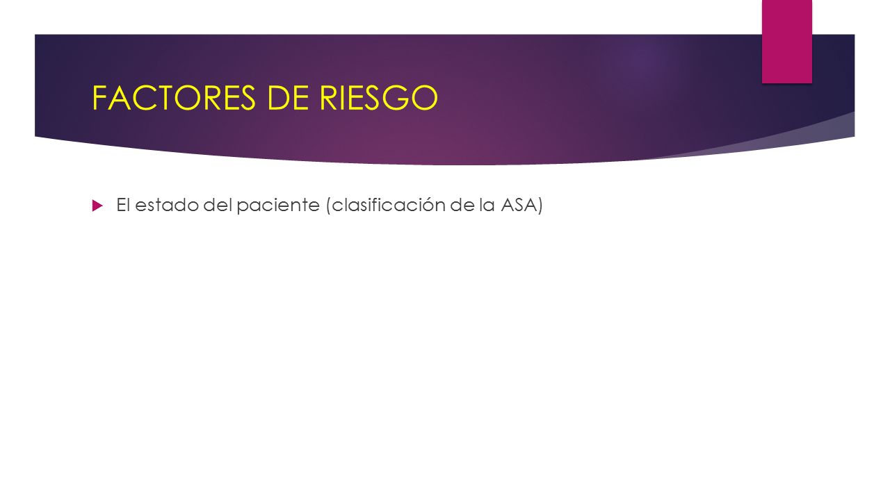FACTORES DE RIESGO El estado del paciente (clasificación de la ASA)