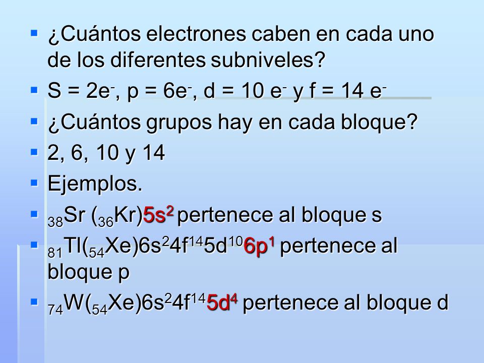 ¿Cuántos electrones caben en cada uno de los diferentes subniveles