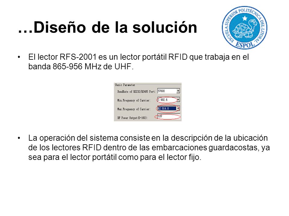 …Diseño de la solución El lector RFS-2001 es un lector portátil RFID que trabaja en el banda MHz de UHF.