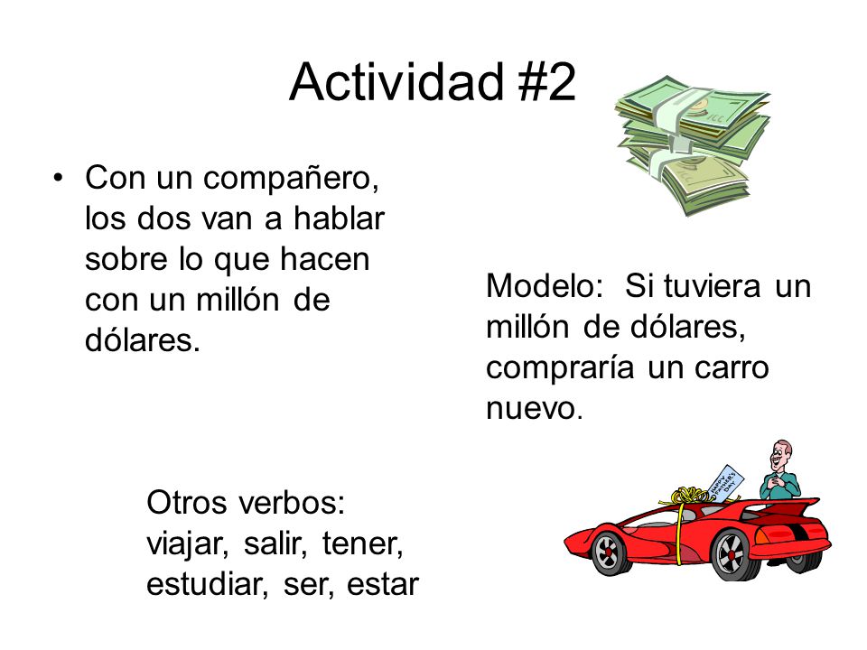 Actividad #2 Con un compañero, los dos van a hablar sobre lo que hacen con un millón de dólares.