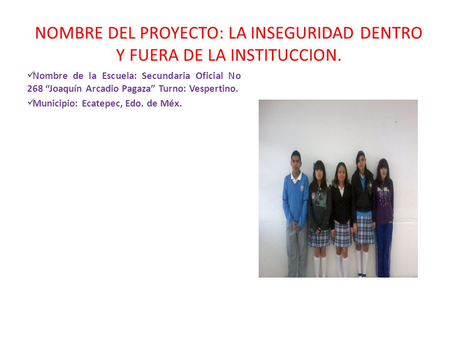 NOMBRE DEL PROYECTO: LA INSEGURIDAD DENTRO Y FUERA DE LA INSTITUCCION.