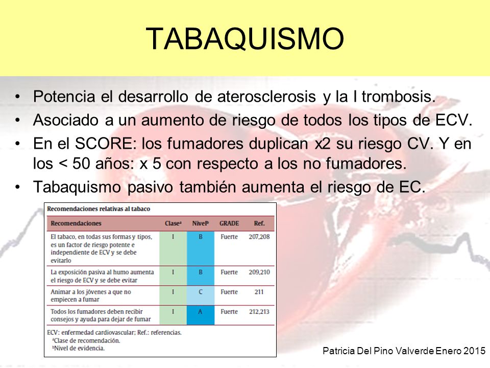 TABAQUISMO Potencia el desarrollo de aterosclerosis y la I trombosis.