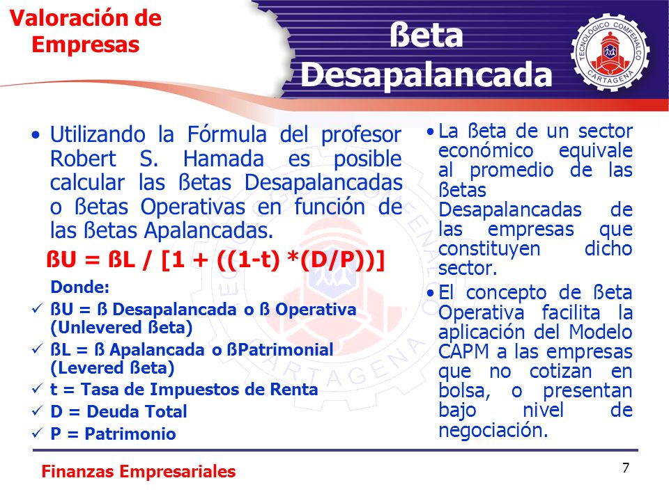 Valoración de Empresas ßU = ßL / [1 + ((1-t) *(D/P))]