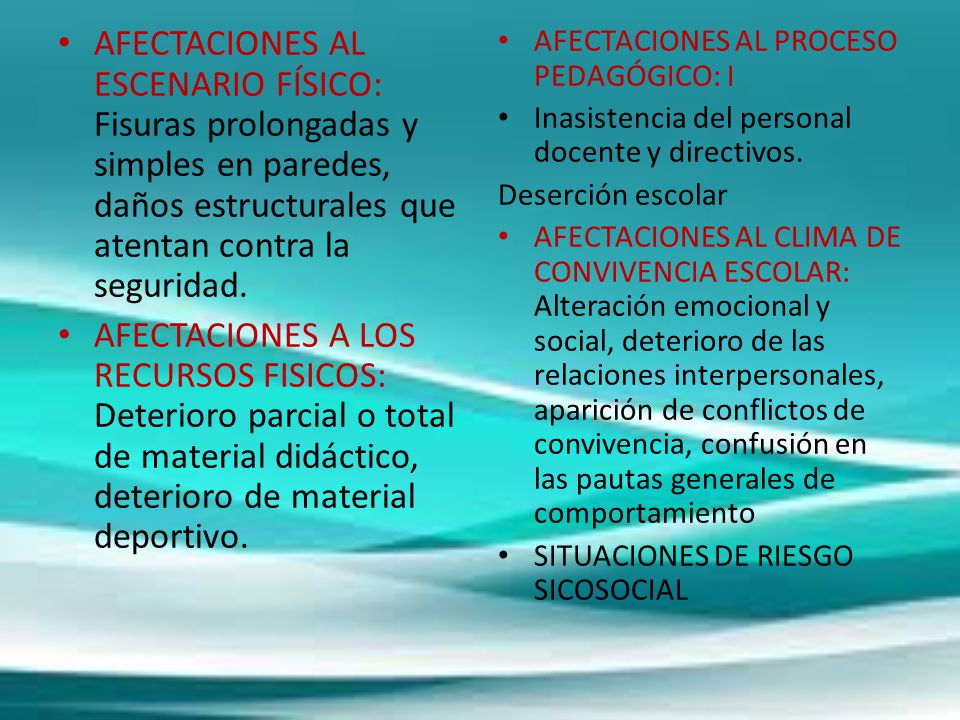 AFECTACIONES AL ESCENARIO FÍSICO: Fisuras prolongadas y simples en paredes, daños estructurales que atentan contra la seguridad.