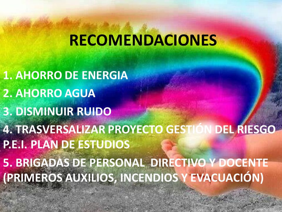 RECOMENDACIONES 1. AHORRO DE ENERGIA 2. AHORRO AGUA 3. DISMINUIR RUIDO