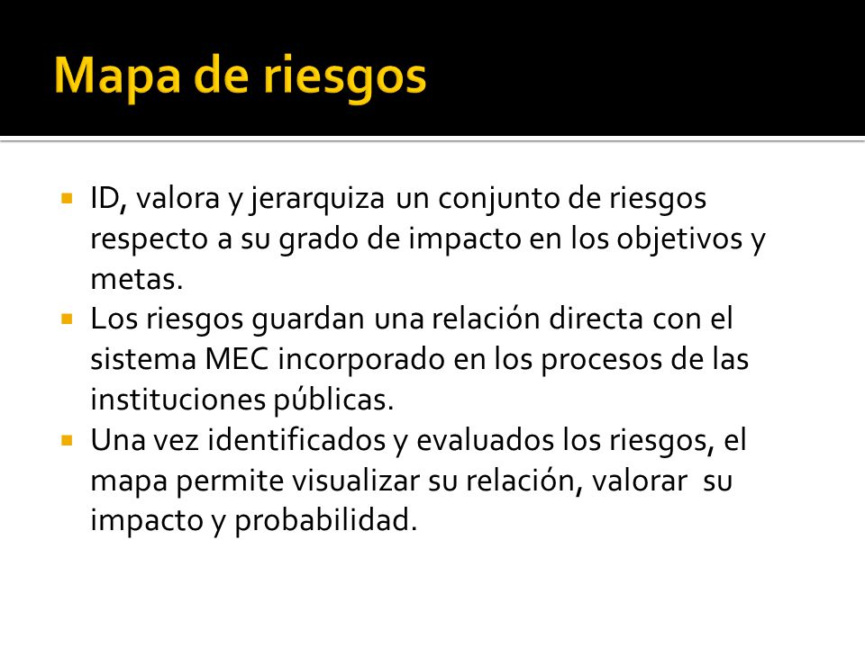 Mapa de riesgos ID, valora y jerarquiza un conjunto de riesgos respecto a su grado de impacto en los objetivos y metas.