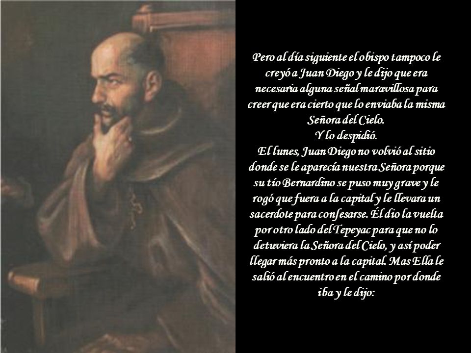 Pero al día siguiente el obispo tampoco le creyó a Juan Diego y le dijo que era necesaria alguna señal maravillosa para creer que era cierto que lo enviaba la misma Señora del Cielo.