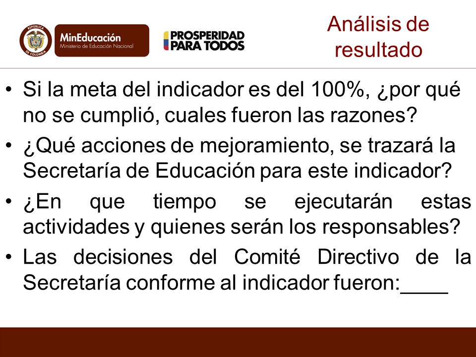 Análisis de resultado Si la meta del indicador es del 100%, ¿por qué no se cumplió, cuales fueron las razones
