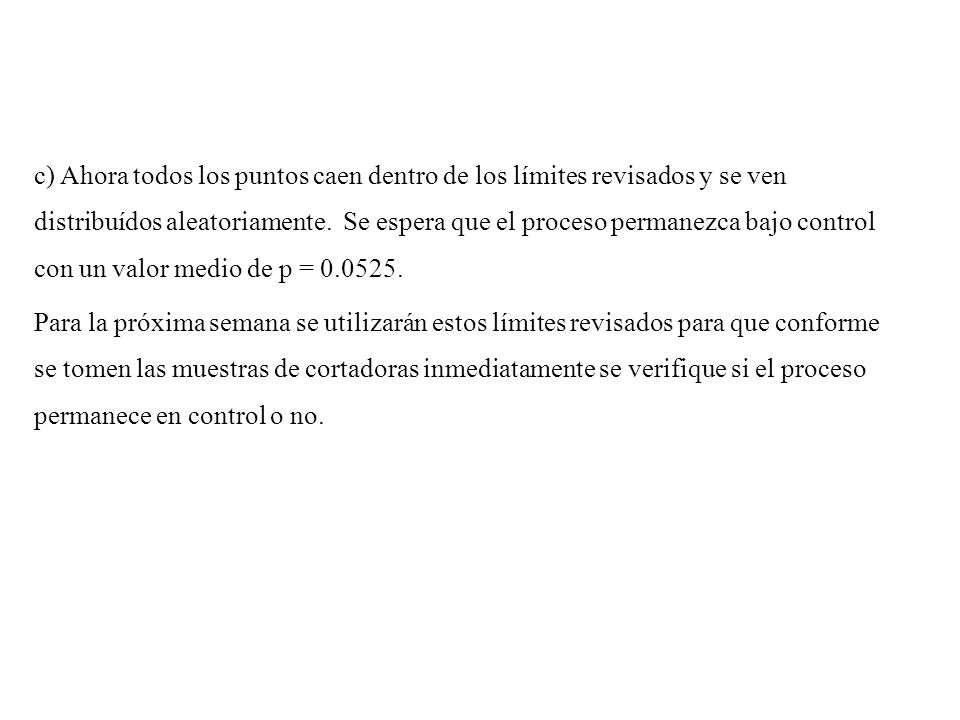 c) Ahora todos los puntos caen dentro de los límites revisados y se ven distribuídos aleatoriamente. Se espera que el proceso permanezca bajo control con un valor medio de p =