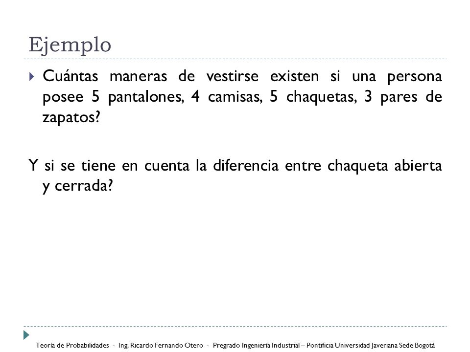 Ejemplo Cuántas maneras de vestirse existen si una persona posee 5 pantalones, 4 camisas, 5 chaquetas, 3 pares de zapatos
