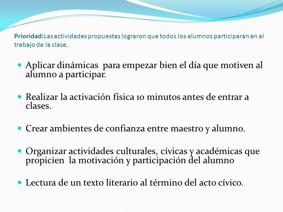 Prioridad:Las actividades propuestas lograron que todos los alumnos participaran en el trabajo de la clase.