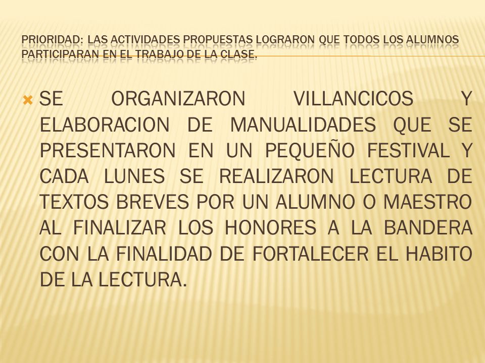 PRIORIDAD: LAS ACTIVIDADES PROPUESTAS LOGRARON QUE TODOS LOS ALUMNOS PARTICIPARAN EN EL TRABAJO DE LA CLASE.