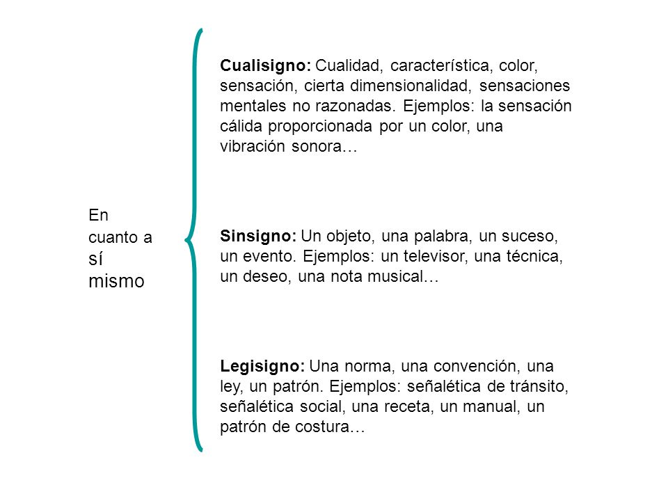 Cualisigno: Cualidad, característica, color, sensación, cierta dimensionalidad, sensaciones mentales no razonadas. Ejemplos: la sensación cálida proporcionada por un color, una vibración sonora…