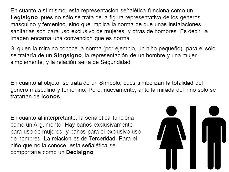 En cuanto a sí mismo, esta representación señalética funciona como un Legisigno, pues no sólo se trata de la figura representativa de los géneros masculino y femenino, sino que implica la norma de que unas instalaciones sanitarias son para uso exclusivo de mujeres, y otras de hombres. Es decir, la imagen encarna una convención que es norma.