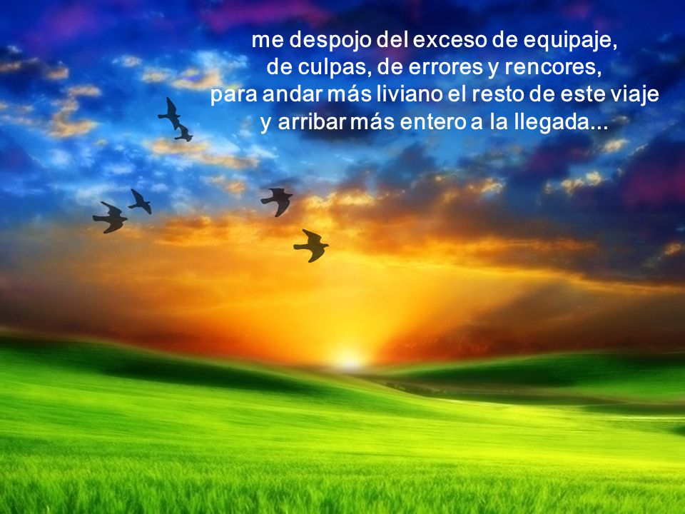me despojo del exceso de equipaje, de culpas, de errores y rencores, para andar más liviano el resto de este viaje y arribar más entero a la llegada...