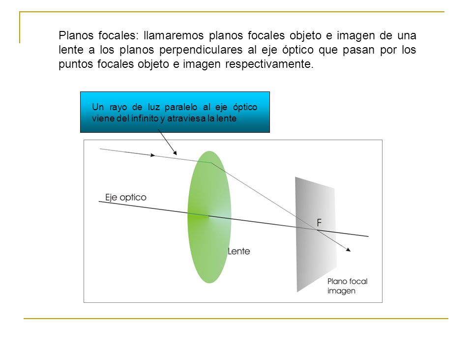 Planos focales: llamaremos planos focales objeto e imagen de una lente a los planos perpendiculares al eje óptico que pasan por los puntos focales objeto e imagen respectivamente.