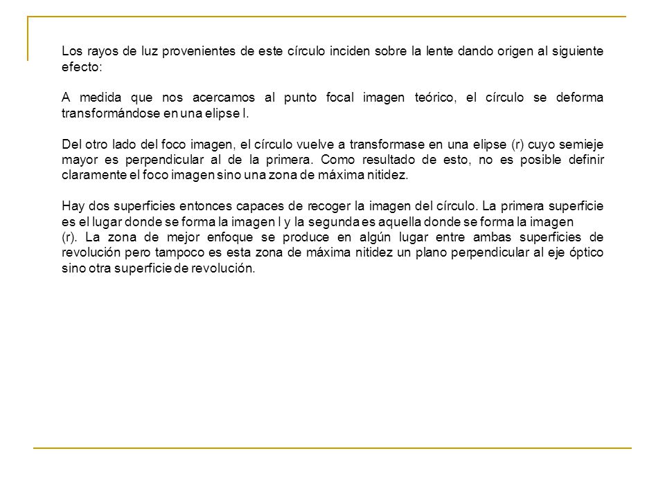 Los rayos de luz provenientes de este círculo inciden sobre la lente dando origen al siguiente efecto: