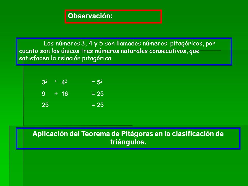 Aplicación del Teorema de Pitágoras en la clasificación de triángulos.