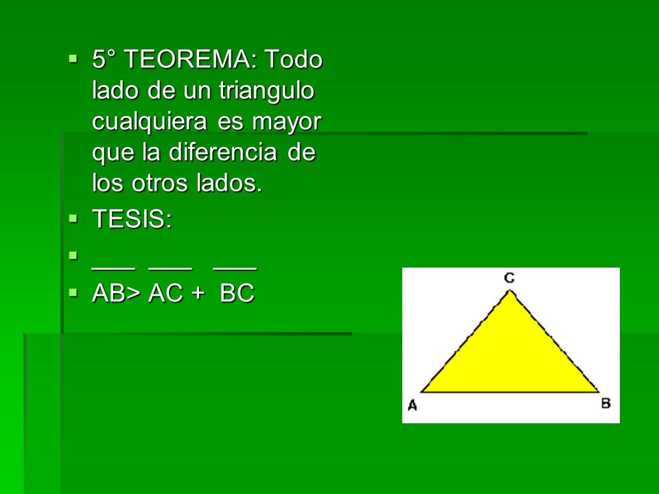 5° TEOREMA: Todo lado de un triangulo cualquiera es mayor que la diferencia de los otros lados.