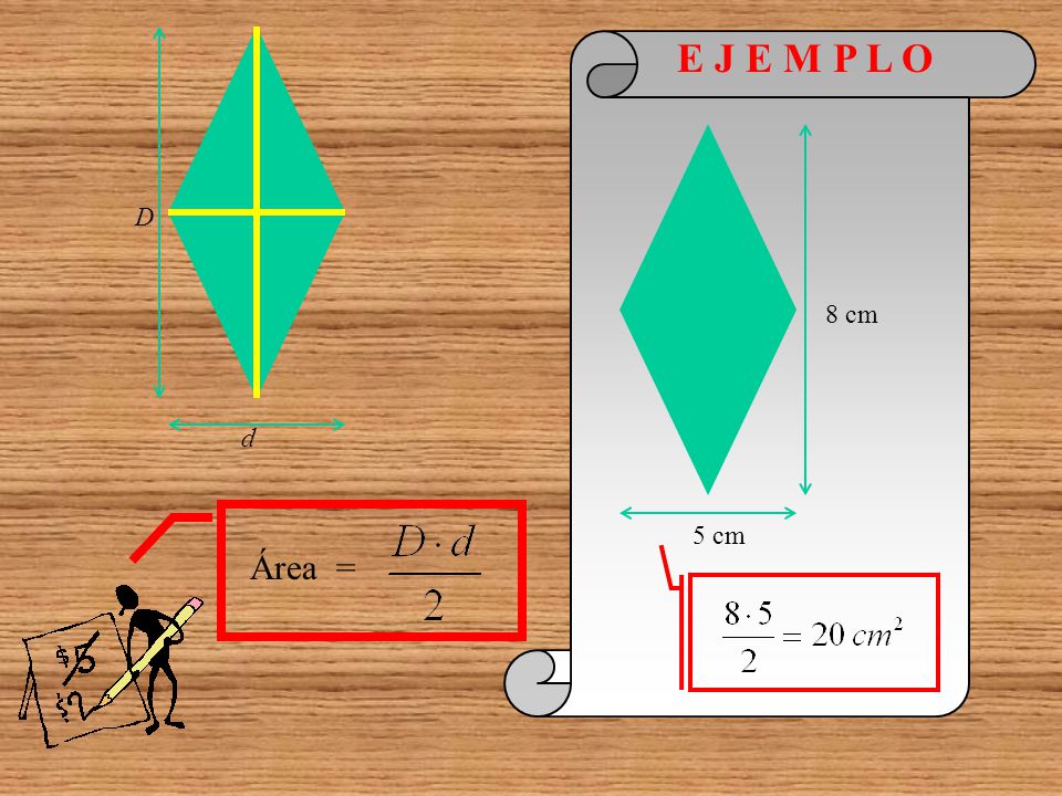 D E J E M P L O 8 cm 5 cm d Área =