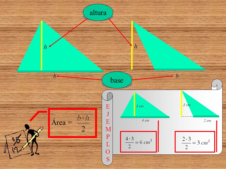 altura h base b 3 cm 4 cm 2 cm E J E MP L OS Área =