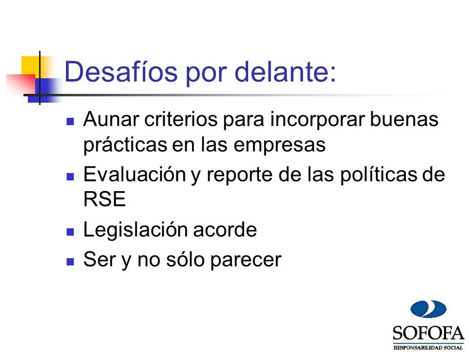 Desafíos por delante: Aunar criterios para incorporar buenas prácticas en las empresas. Evaluación y reporte de las políticas de RSE.