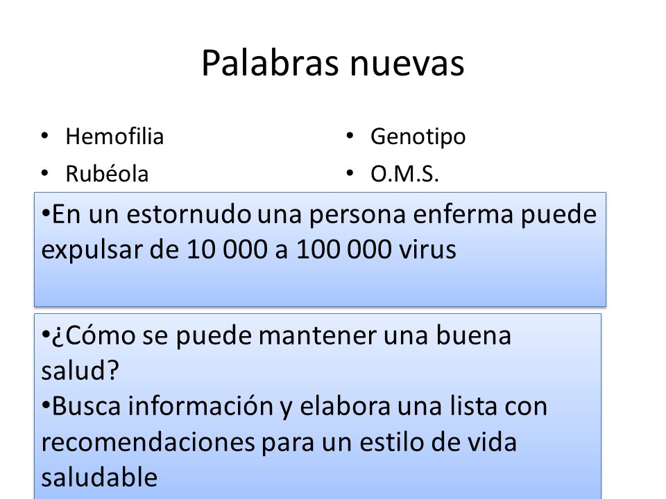 Palabras nuevas Hemofilia. Rubéola. Genotipo. O.M.S. En un estornudo una persona enferma puede expulsar de a virus.