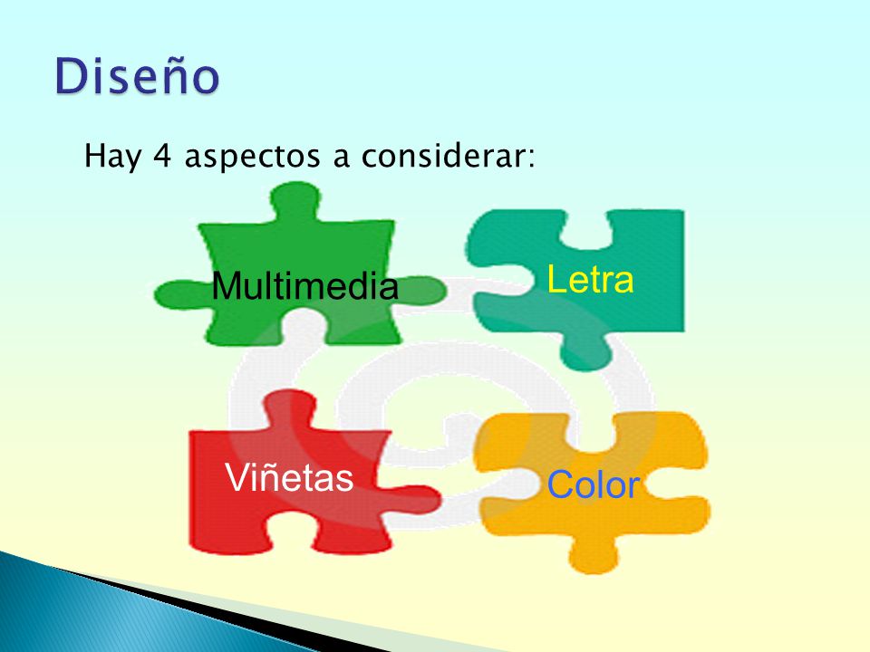 Diseño Hay 4 aspectos a considerar: Letra Multimedia Viñetas Color