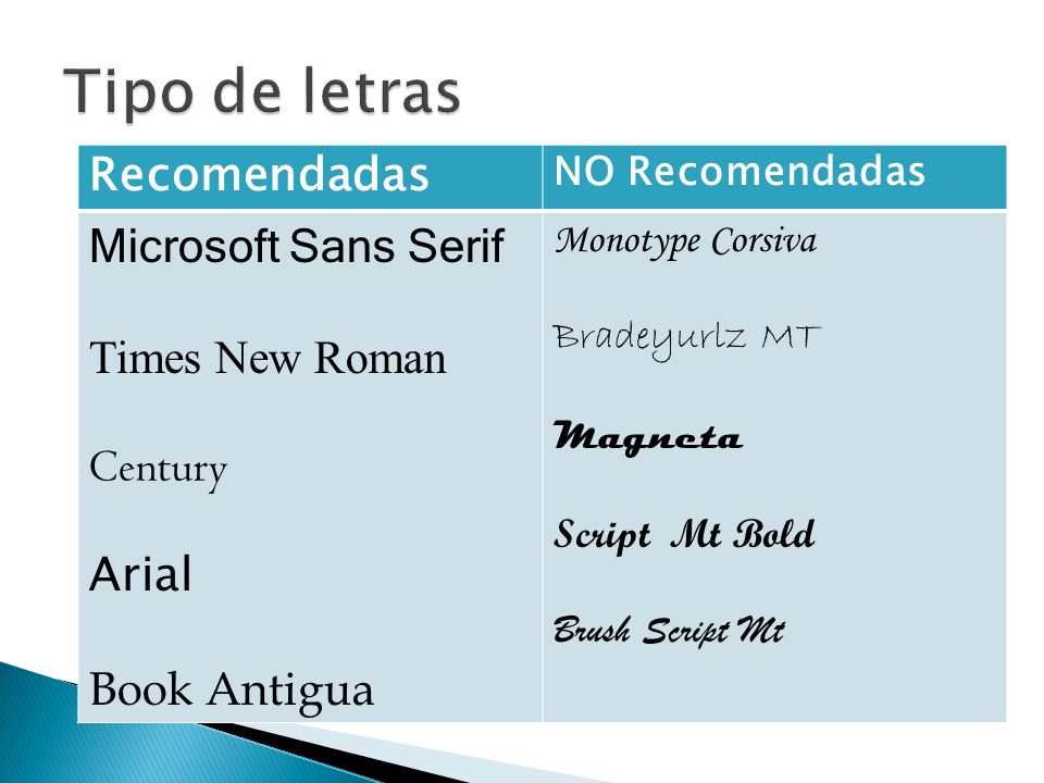 Tipo de letras Recomendadas Microsoft Sans Serif Times New Roman