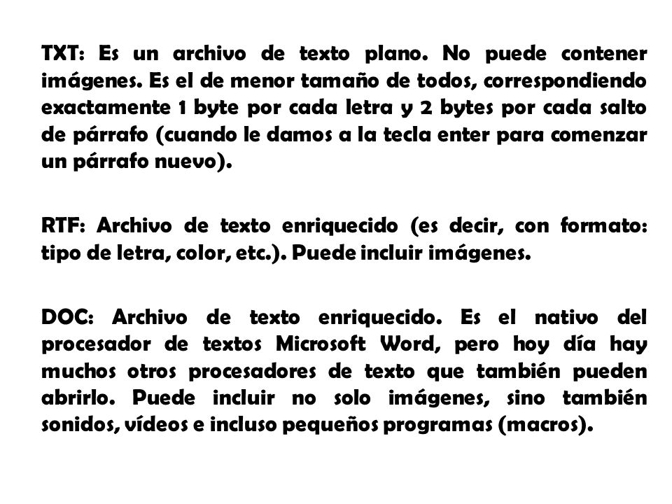 TXT: Es un archivo de texto plano. No puede contener imágenes