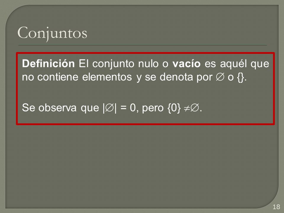 Conjuntos Definición El conjunto nulo o vacío es aquél que no contiene elementos y se denota por  o {}.