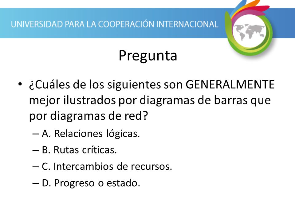 Pregunta ¿Cuáles de los siguientes son GENERALMENTE mejor ilustrados por diagramas de barras que por diagramas de red