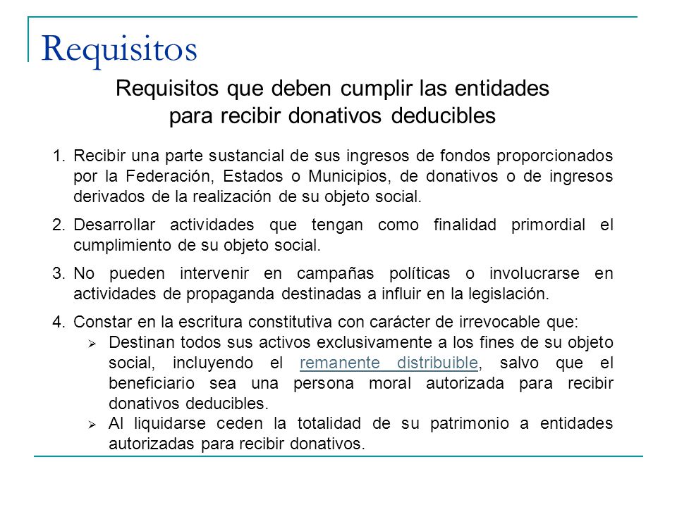 Requisitos Requisitos que deben cumplir las entidades para recibir donativos deducibles.