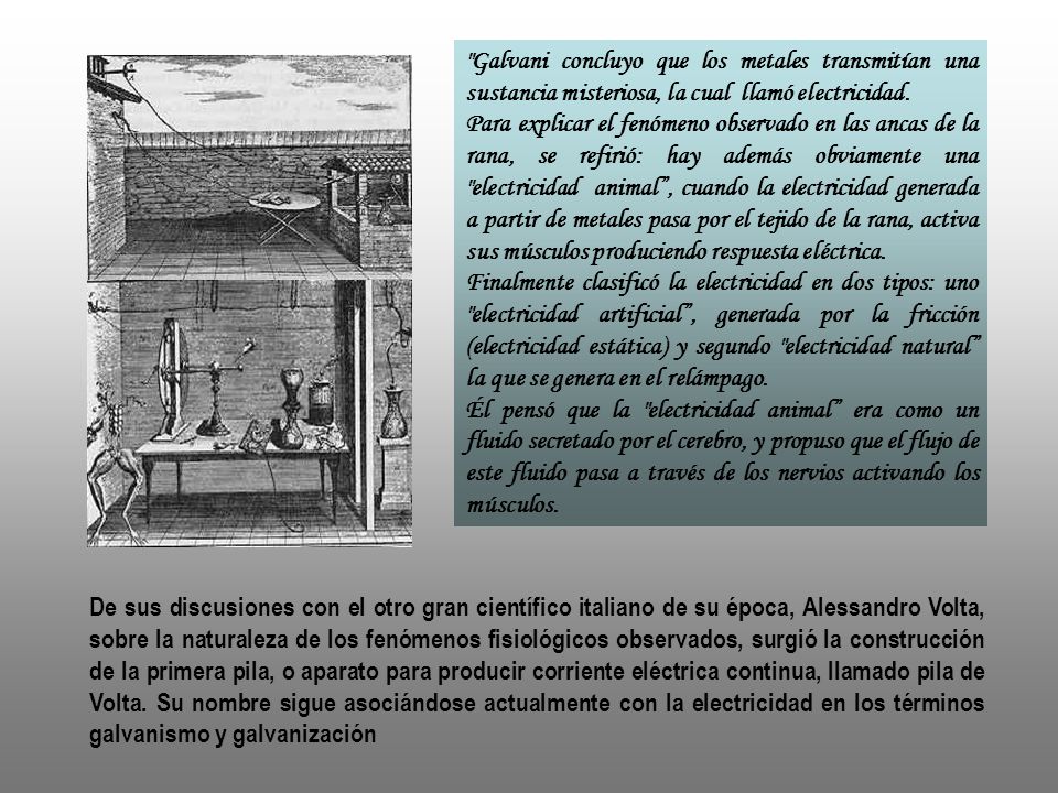 Galvani concluyo que los metales transmitían una sustancia misteriosa, la cual llamó electricidad.