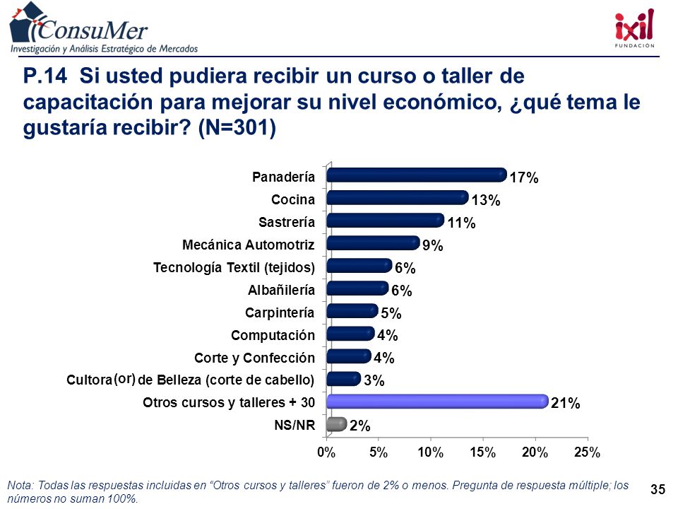P.14 Si usted pudiera recibir un curso o taller de capacitación para mejorar su nivel económico, ¿qué tema le gustaría recibir (N=301)