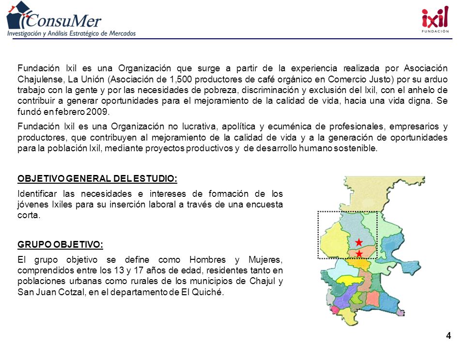 Fundación Ixil es una Organización que surge a partir de la experiencia realizada por Asociación Chajulense, La Unión (Asociación de 1,500 productores de café orgánico en Comercio Justo) por su arduo trabajo con la gente y por las necesidades de pobreza, discriminación y exclusión del Ixil, con el anhelo de contribuir a generar oportunidades para el mejoramiento de la calidad de vida, hacia una vida digna. Se fundó en febrero 2009.