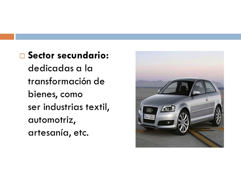 Sector secundario: dedicadas a la transformación de bienes, como ser industrias textil, automotriz, artesanía, etc.