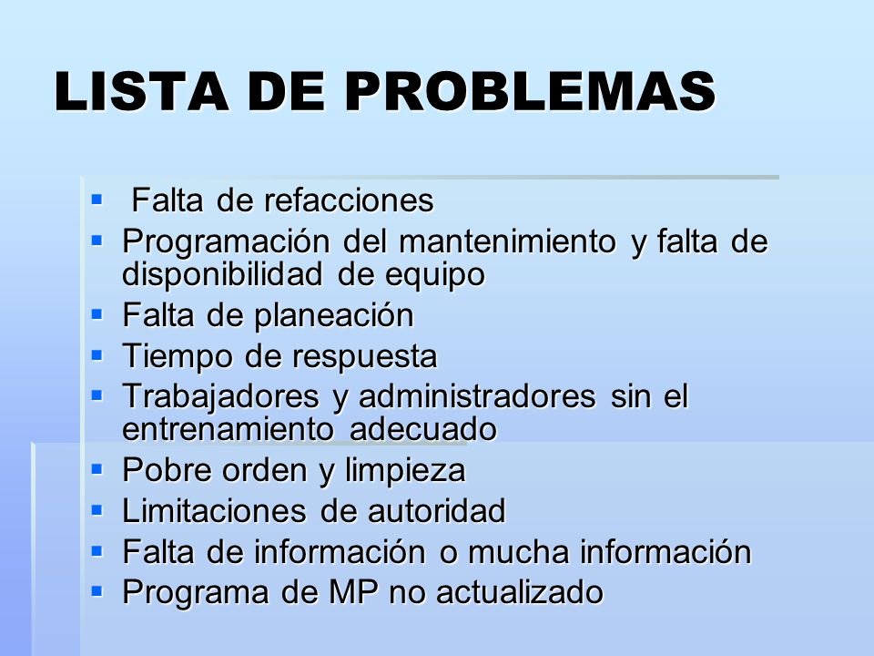 LISTA DE PROBLEMAS Falta de refacciones