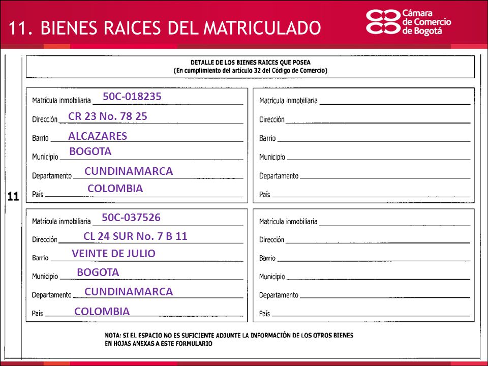 11. BIENES RAICES DEL MATRICULADO