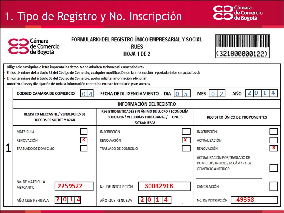 1. Tipo de Registro y No. Inscripción