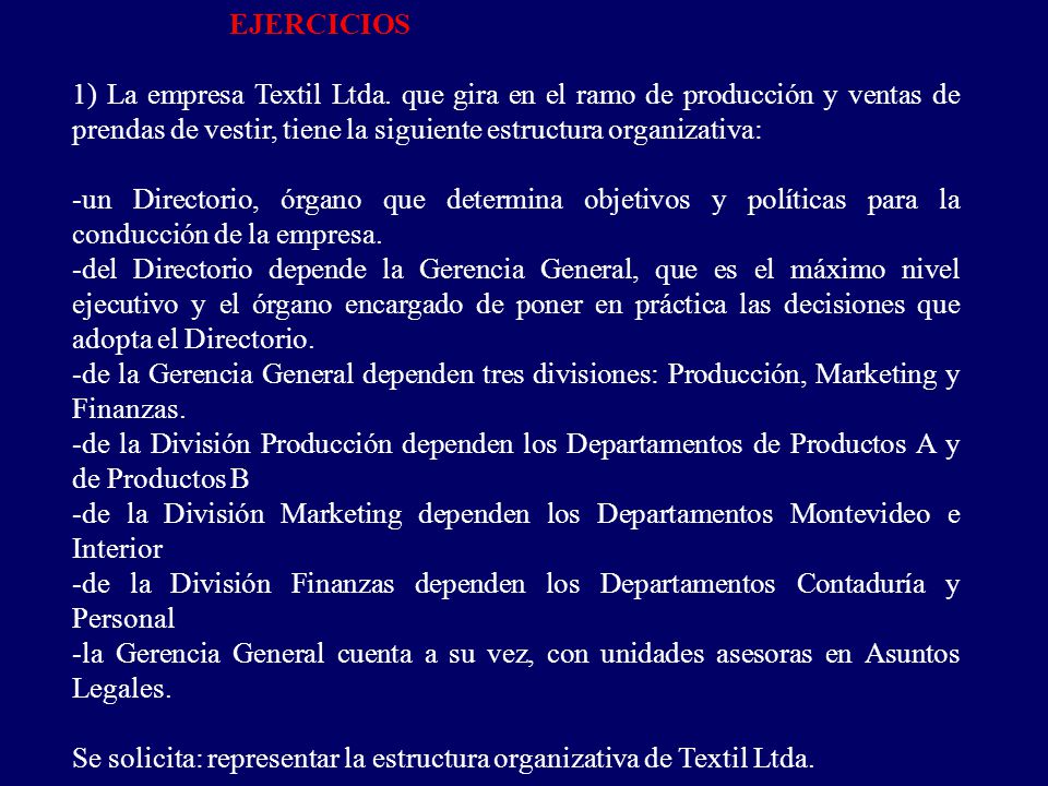 EJERCICIOS 1) La empresa Textil Ltda. que gira en el ramo de producción y ventas de prendas de vestir, tiene la siguiente estructura organizativa: