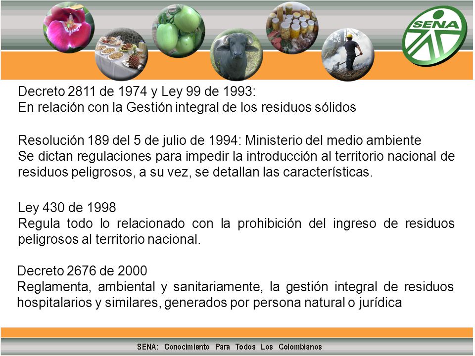 Decreto 2811 de 1974 y Ley 99 de 1993: En relación con la Gestión integral de los residuos sólidos.