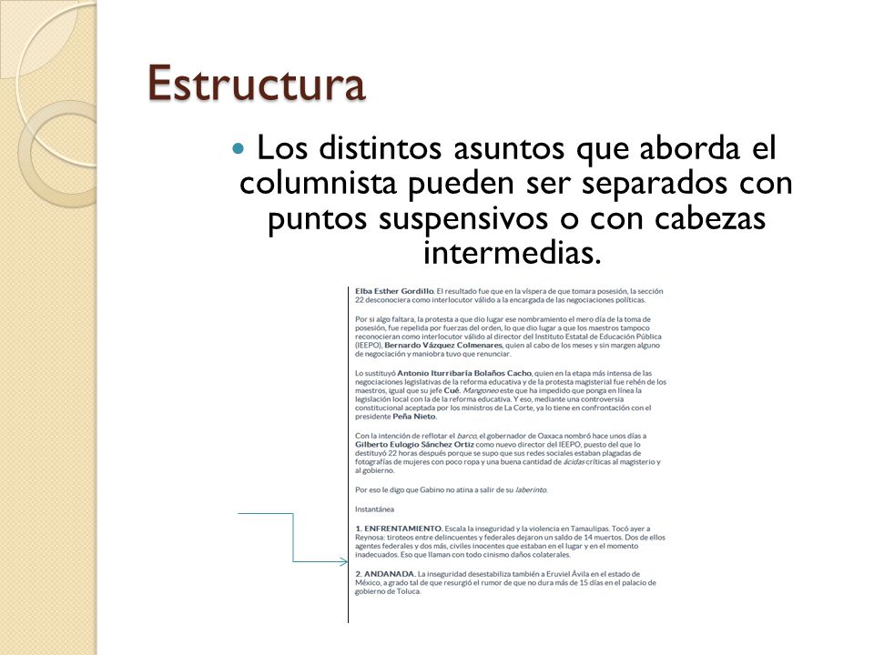 Estructura Los distintos asuntos que aborda el columnista pueden ser separados con puntos suspensivos o con cabezas intermedias.