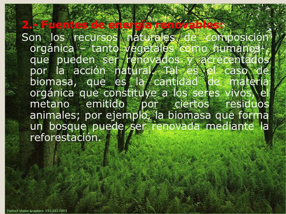 2.- Fuentes de energía renovables: Son los recursos naturales de composición orgánica – tanto vegetales como humanos-, que pueden ser renovados y acrecentados por la acción natural.
